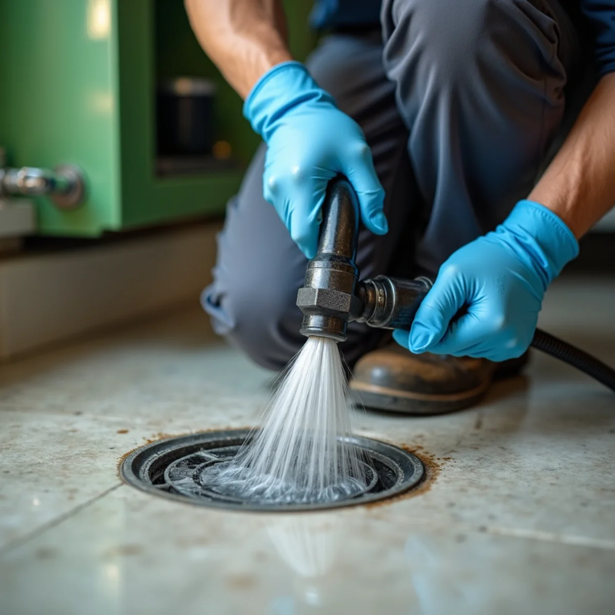 Licensed plumber performing drain cleaning in a Colleyville, TX home