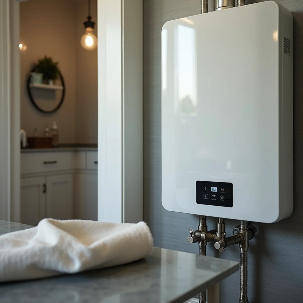 Wall-mounted tankless water heater installed in a Colleyville luxury home