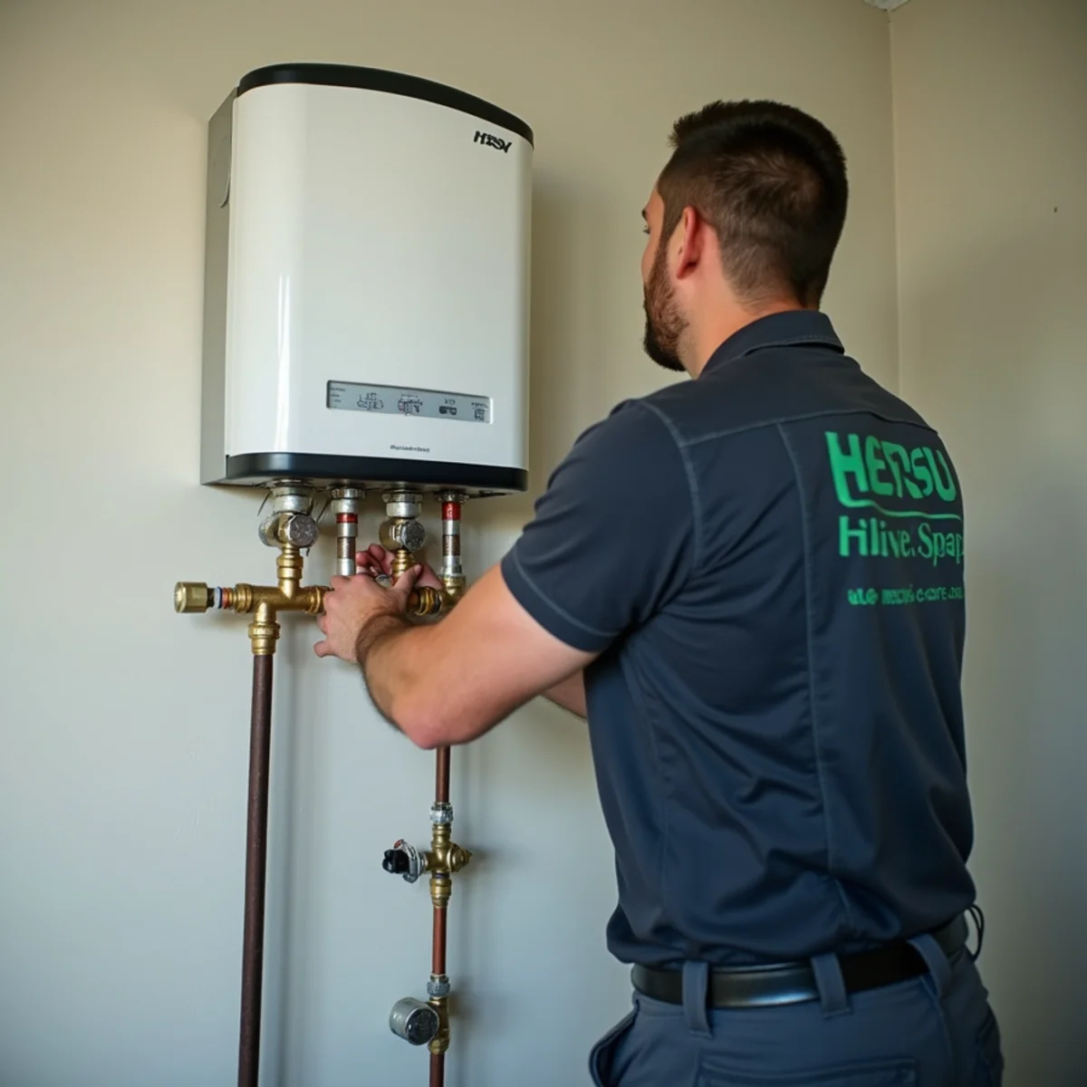 Wall-mounted tankless water heater newly installed in a Colleyville, TX home